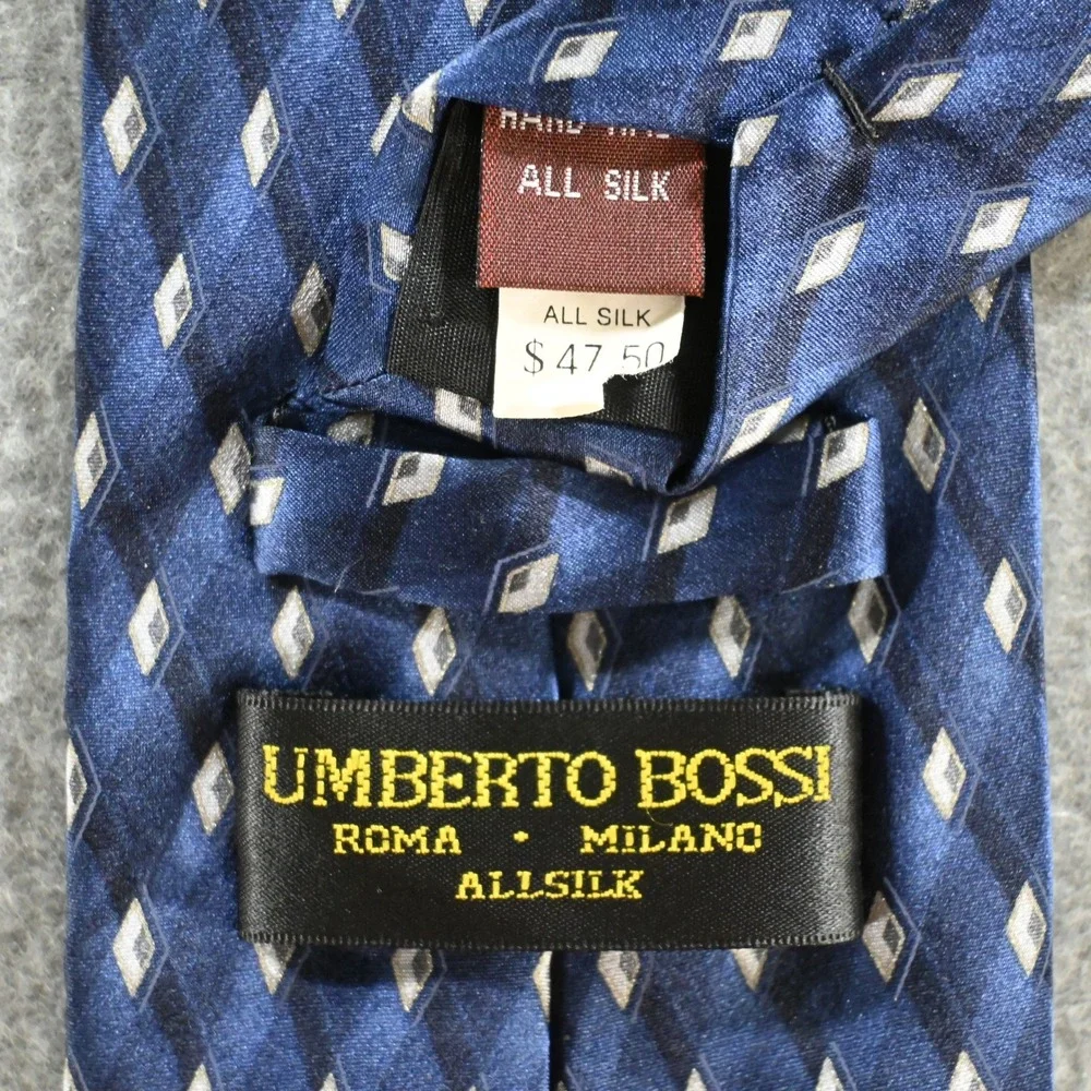 Umberto Bossi Mens Geometric Diamond Silk Necktie OS Blue Navy